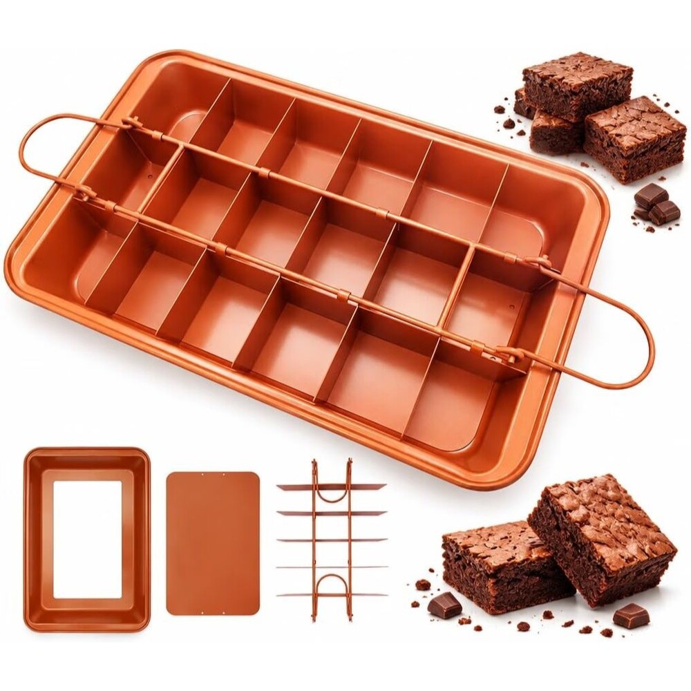 Copper Brownie Pan with Dividers 12x8 Nonstick Edge-Only Pre-Cut Baking Tray